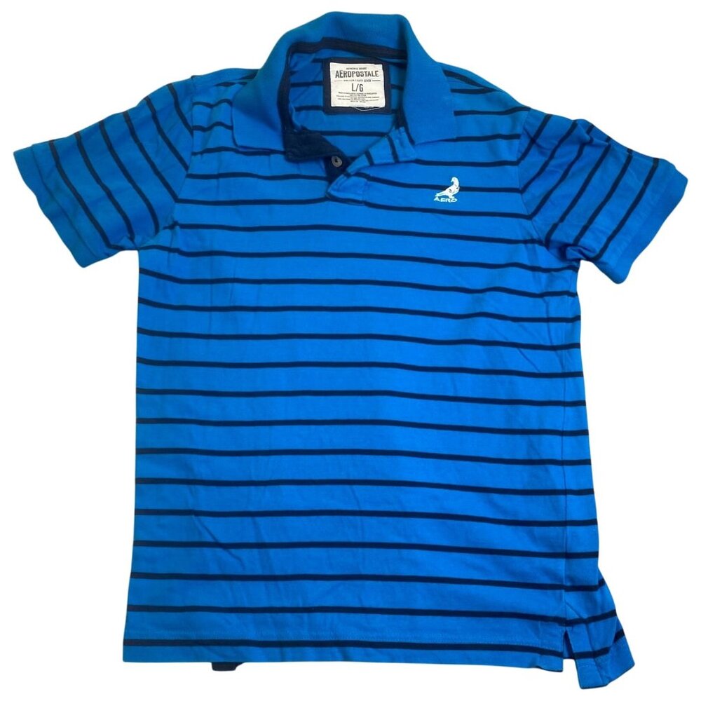 Aeropostale Mens Polo Shirt L Blue Striped 100% Cotton Embroidered Logo Casual W